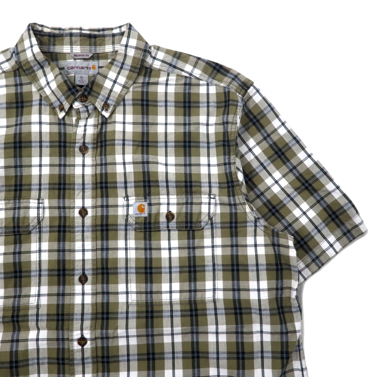carhartt リラックスフィット 半袖 ボタンダウンシャツ XL カーキ ホワイト チェック コットン ビッグサイズ