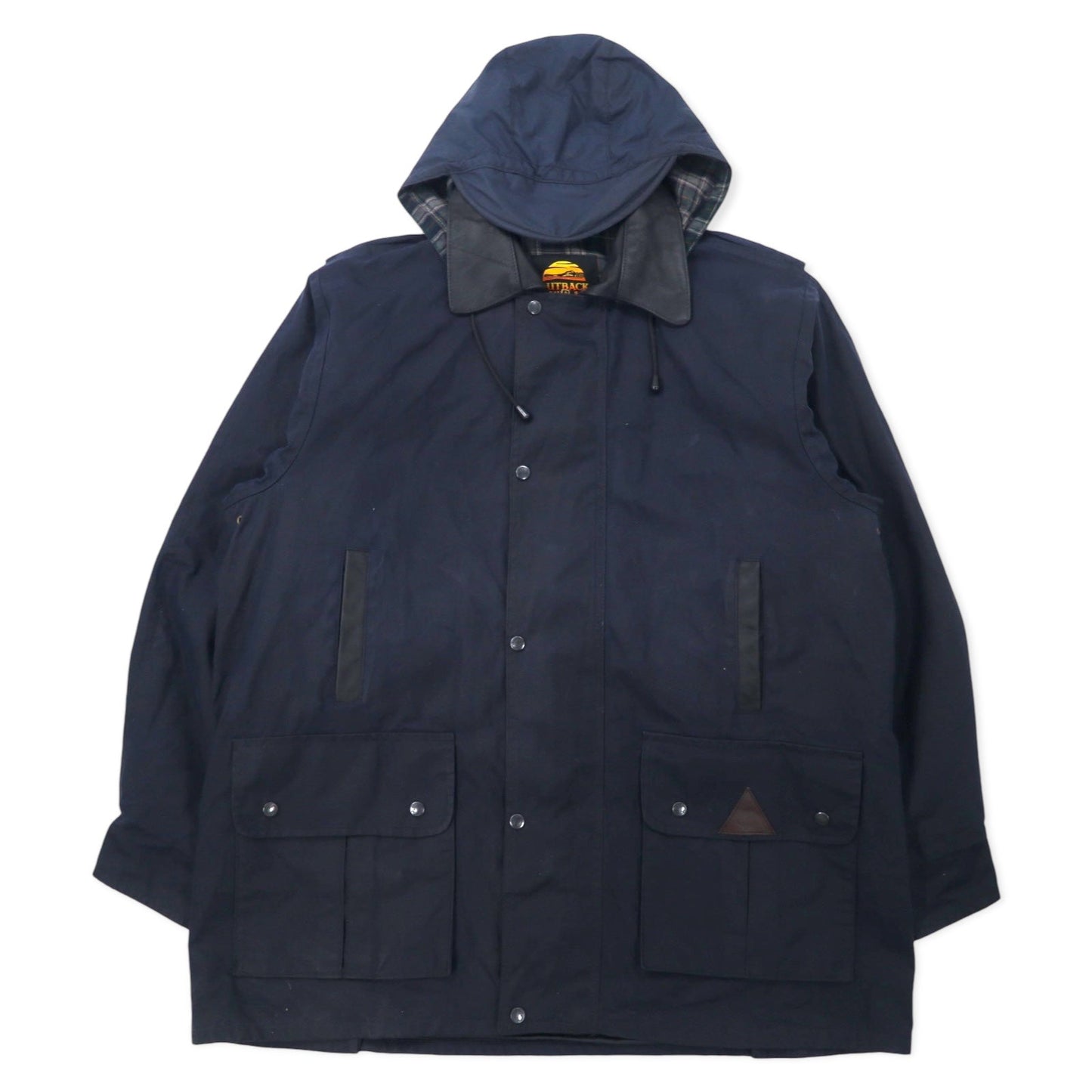 OUTBACK オーストラリア製 オイルドジャケット XXL ネイビー コットン レザー切り替え 裏地チェック フード着脱式 ドローコード