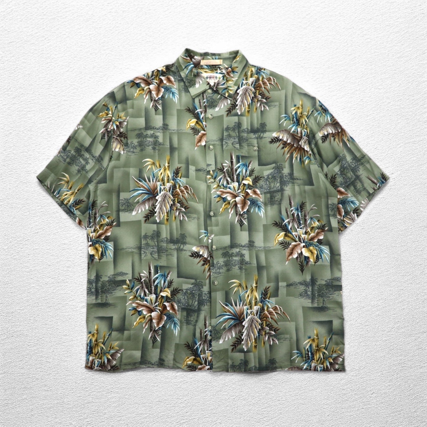 CAMPIA MODA アロハシャツ XL カーキ レーヨン 総柄 ボタニカル 胸ポケット