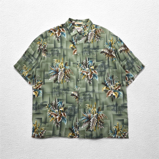 CAMPIA MODA アロハシャツ XL カーキ レーヨン 総柄 ボタニカル 胸ポケット