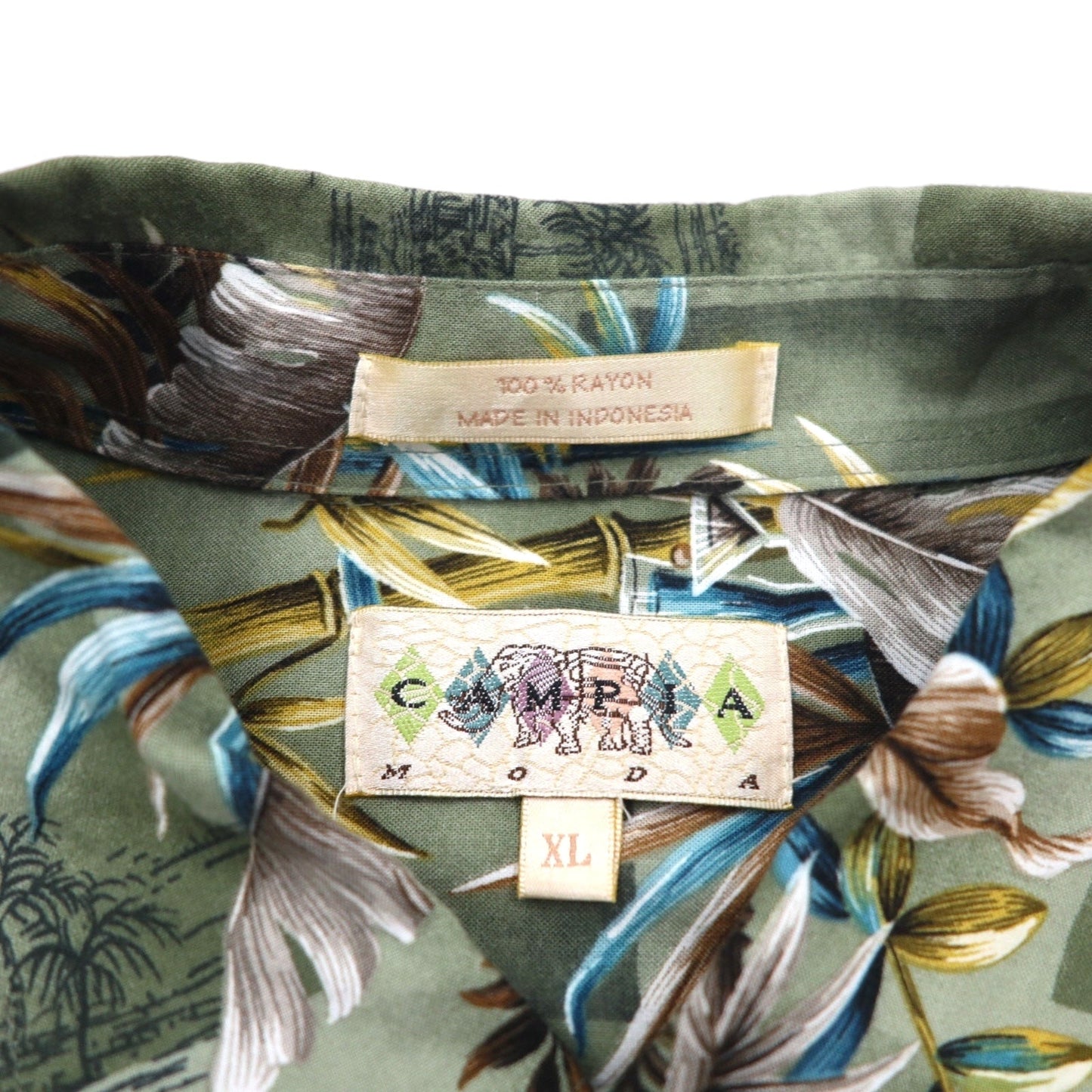 CAMPIA MODA アロハシャツ XL カーキ レーヨン 総柄 ボタニカル 胸ポケット