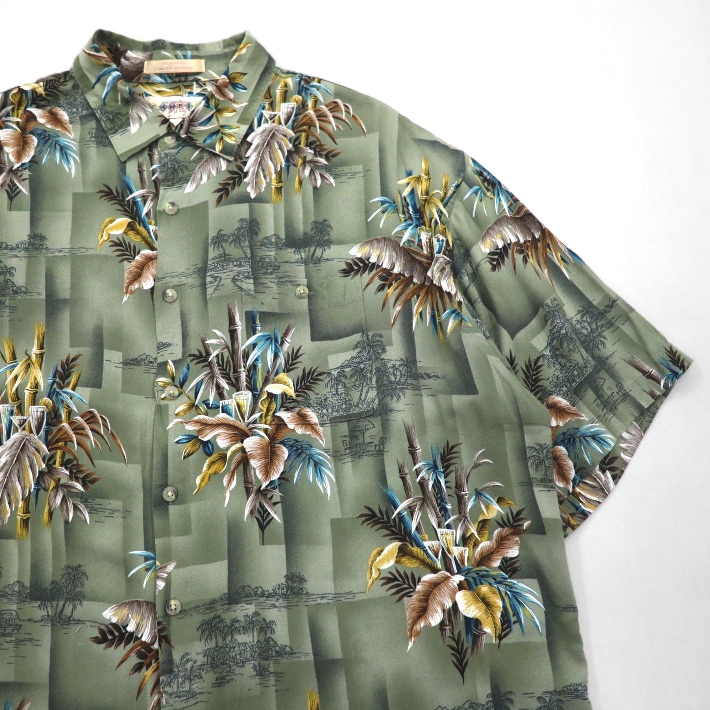 CAMPIA MODA アロハシャツ XL カーキ レーヨン 総柄 ボタニカル 胸ポケット