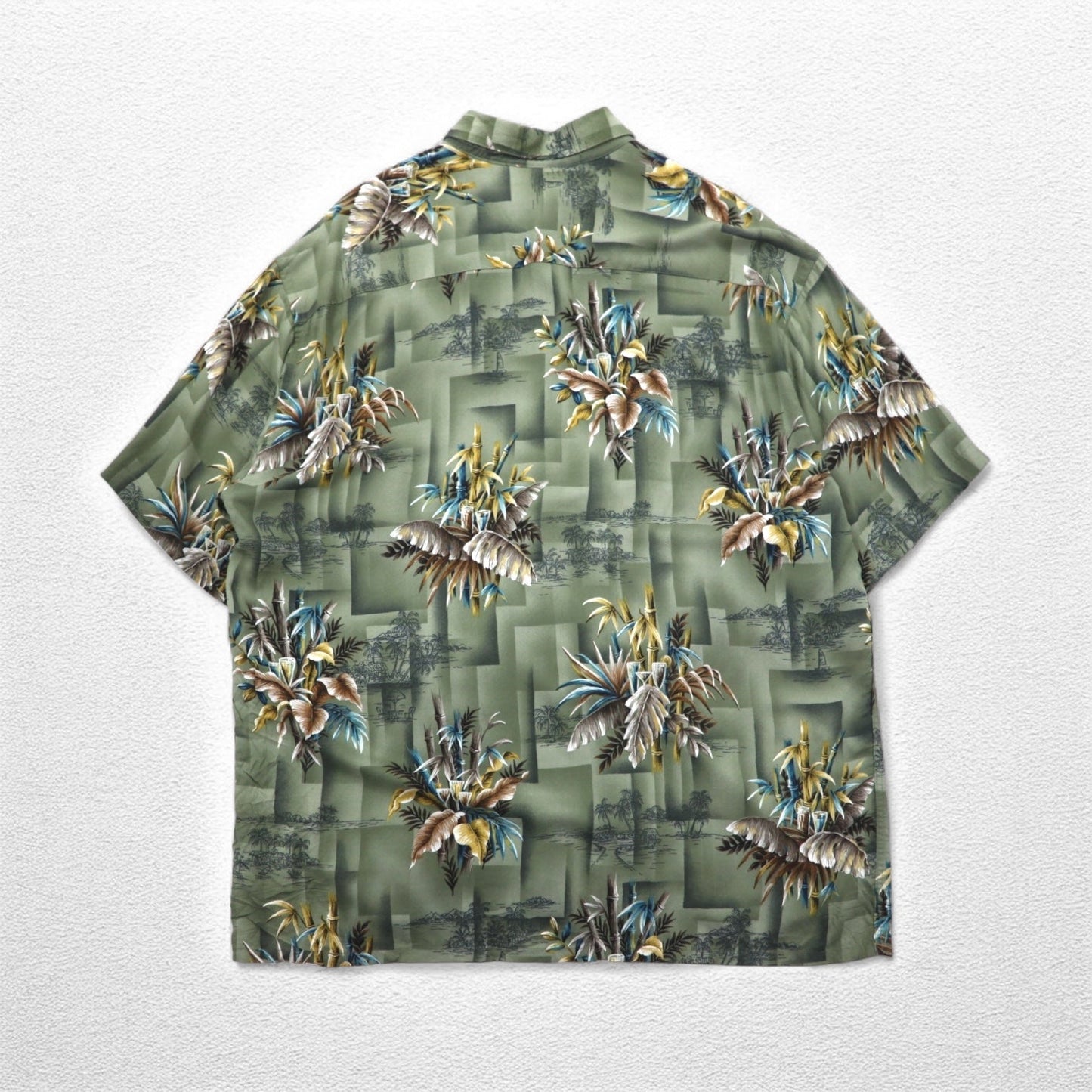 CAMPIA MODA アロハシャツ XL カーキ レーヨン 総柄 ボタニカル 胸ポケット