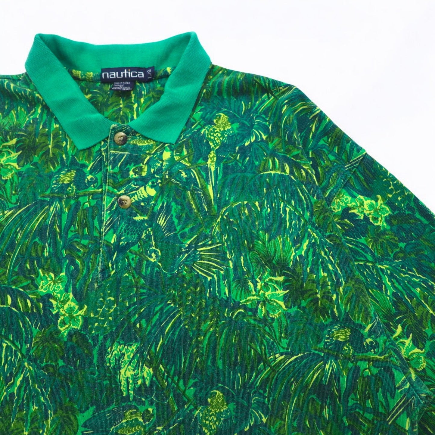 nautica 90年代 ビッグサイズ 長袖 ポロシャツ L グリーン コットン 総柄 カモフラ ボタニカル