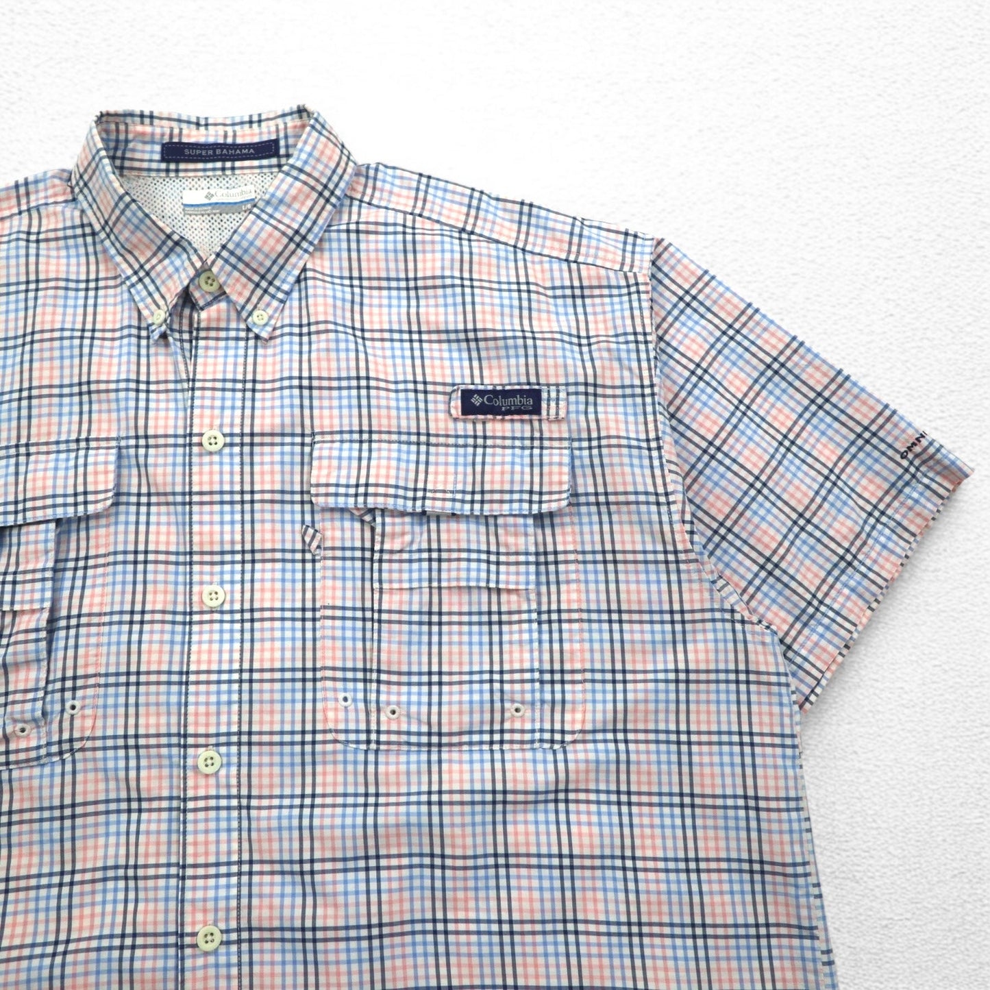 Columbia PFG Super Bahama UVカット オムニシェード バハマ フィッシングシャツ L ホワイト ブルー チェック ナイロン FM7190