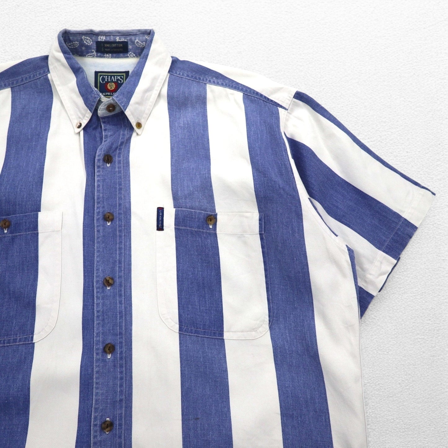CHAPS RALPH LAUREN 90年代 半袖 デニム ボタンダウンシャツ L ブルー ホワイト ストライプ コットン