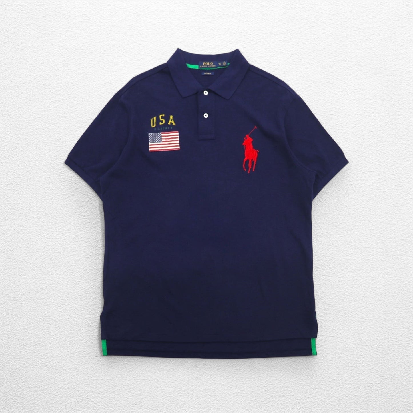 POLO RALPH LAUREN 鹿の子 ポロシャツ XL ネイビー コットン 刺繍 ビッグポニー USA 星条旗