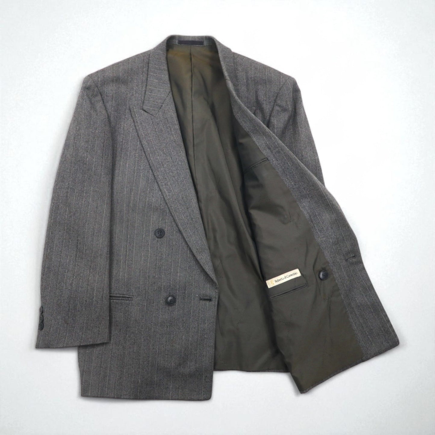 90s Japan Vintage Double-breasted Blazer Roberta di Camerino 日本製 ヘリンボーン ダブル テーラードジャケット M グレー ウール