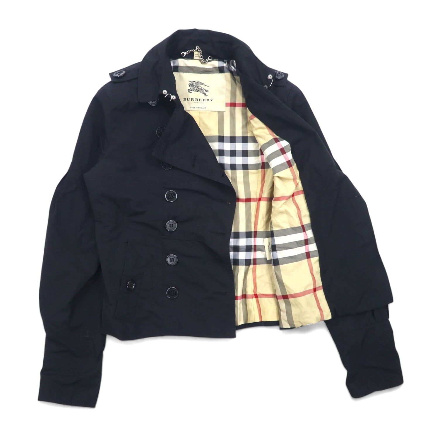 BURBERRY イングランド製 ダブルブレスト ショート トレンチコート ナポレオンジャケット M ブラック ポリエステル 裏地 ノバチェック