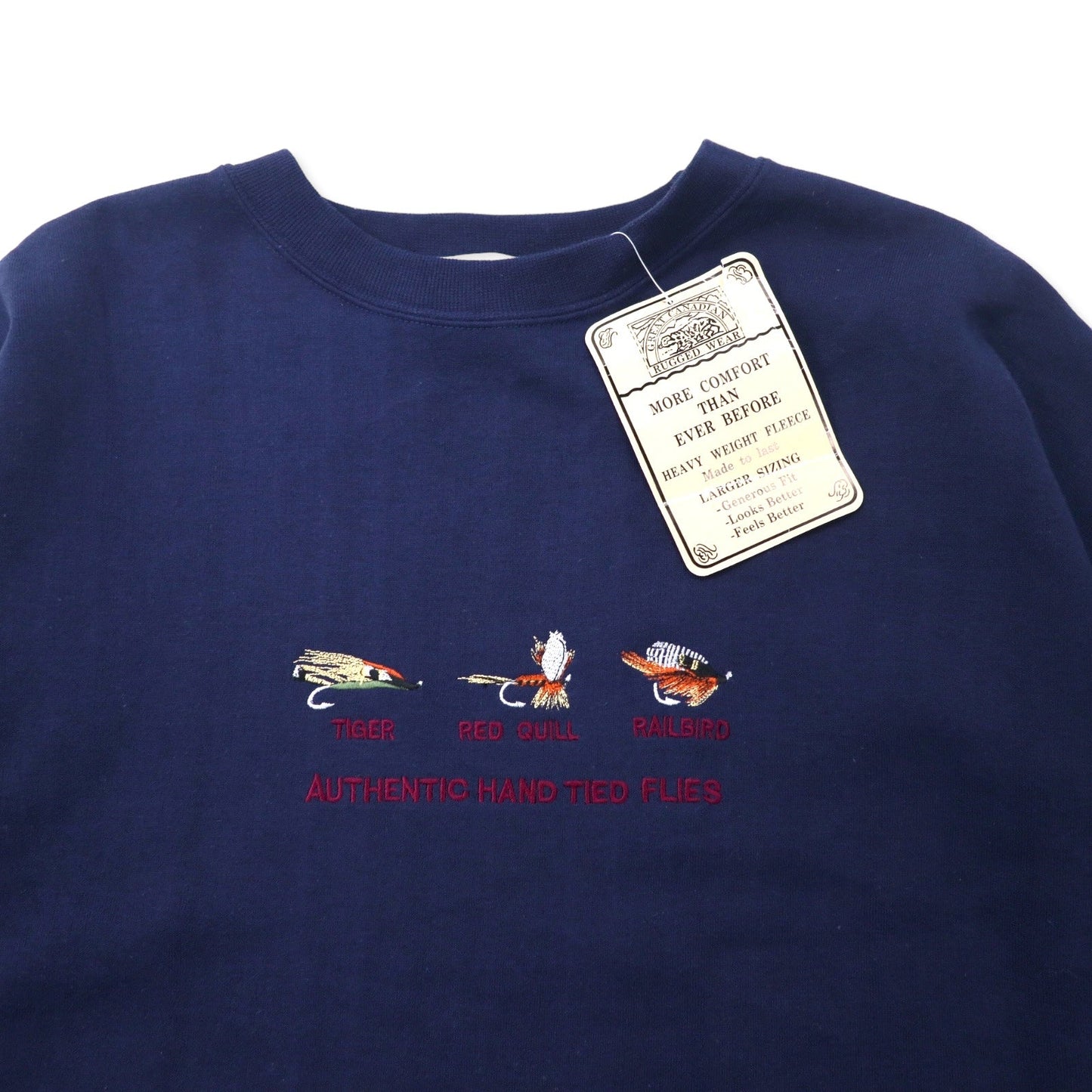 GREAT CANADIAN RUGGED WEAR 90年代 刺繍 スウェット XL ネイビー ポリエステル コットン 裏起毛 AUTHENTIC HAND TIED FLIES 未使用品