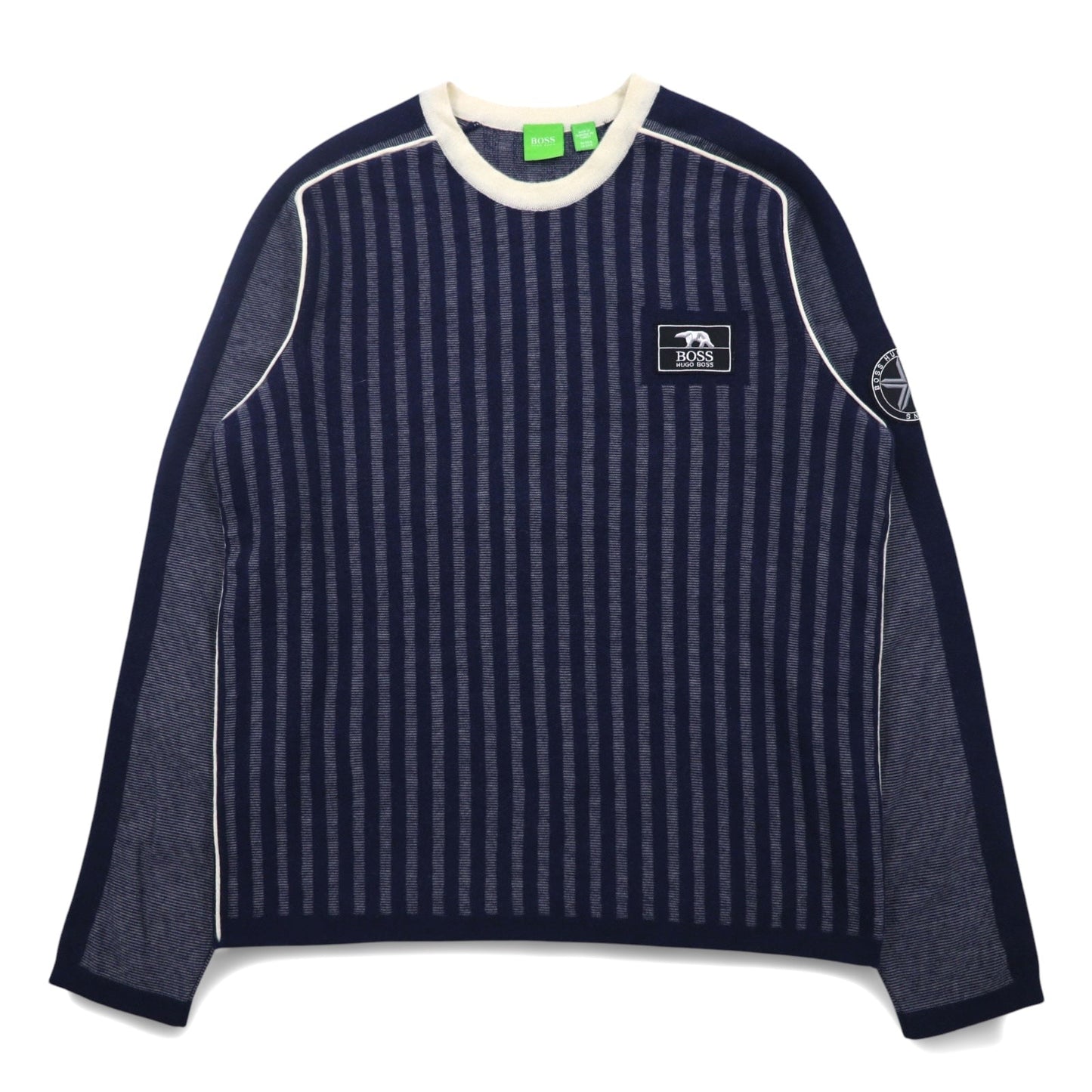 HUGO BOSS ヴァージンウールニット セーター L ネイビー ストライプ 羊毛 ロゴワッペン トルコ製