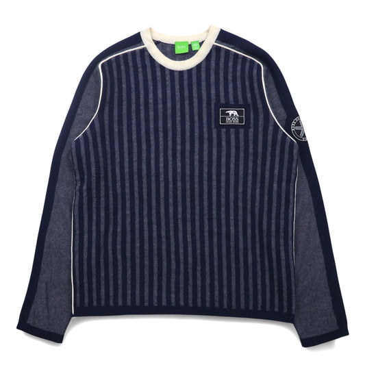 HUGO BOSS ヴァージンウールニット セーター L ネイビー ストライプ 羊毛 ロゴワッペン トルコ製