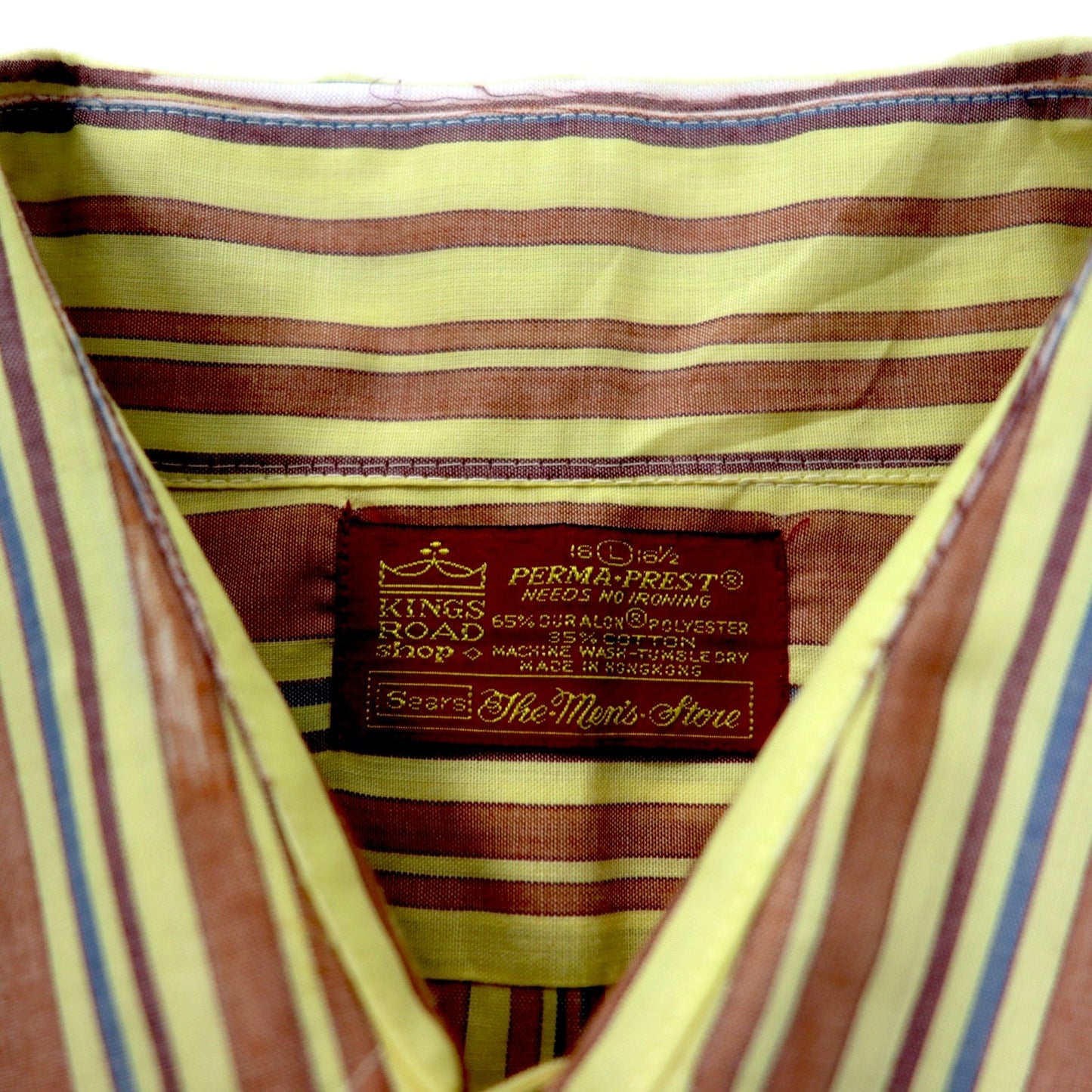 Sears 70年代 KINGS ROAD ドレスシャツ L イエロー ストライプ ポリエステル コットン PERMA-PREST