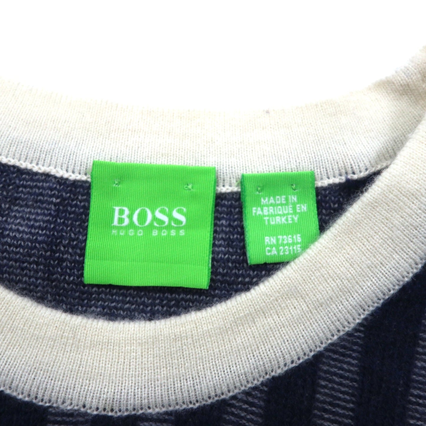 HUGO BOSS ヴァージンウールニット セーター L ネイビー ストライプ 羊毛 ロゴワッペン トルコ製