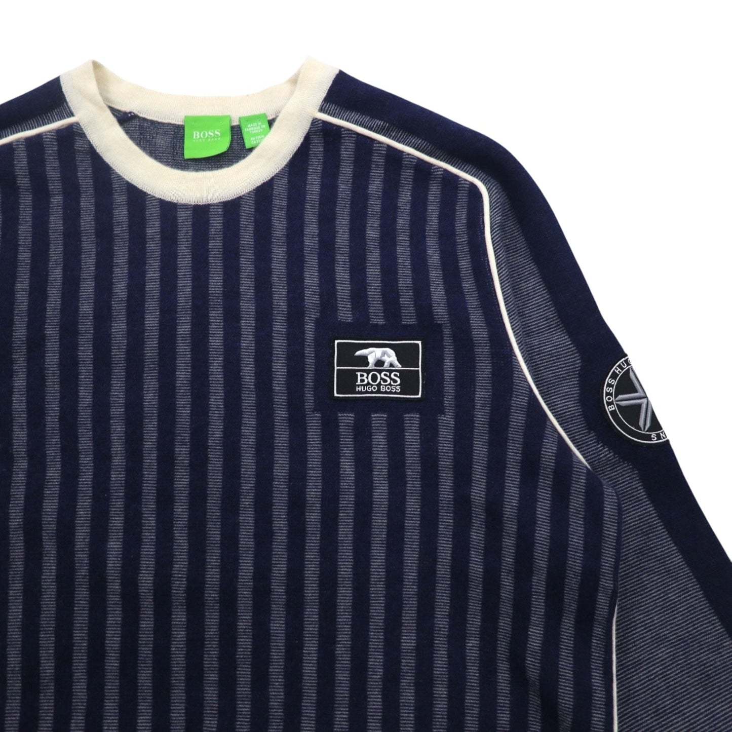 HUGO BOSS ヴァージンウールニット セーター L ネイビー ストライプ 羊毛 ロゴワッペン トルコ製
