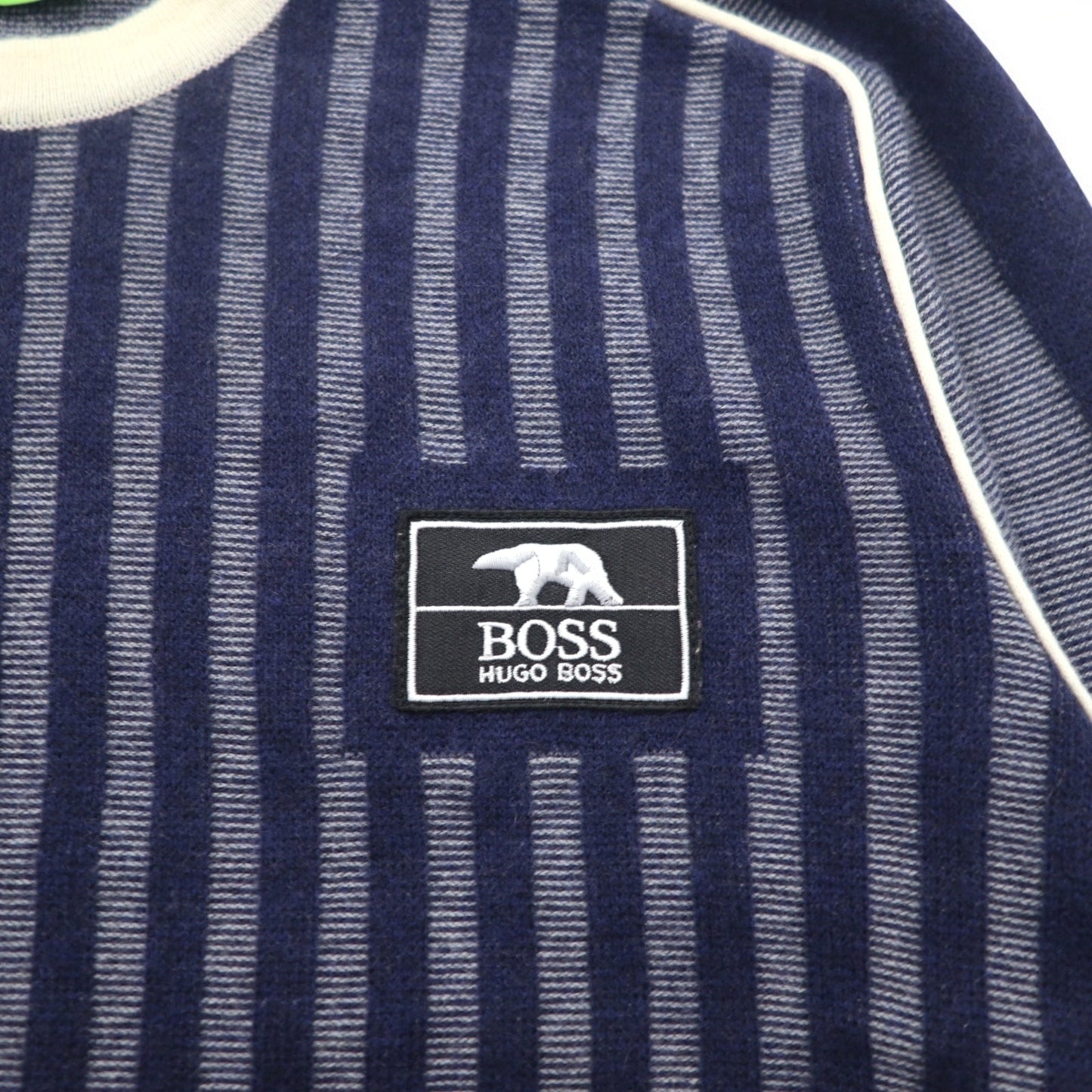 HUGO BOSS ヴァージンウールニット セーター L ネイビー ストライプ 羊毛 ロゴワッペン トルコ製