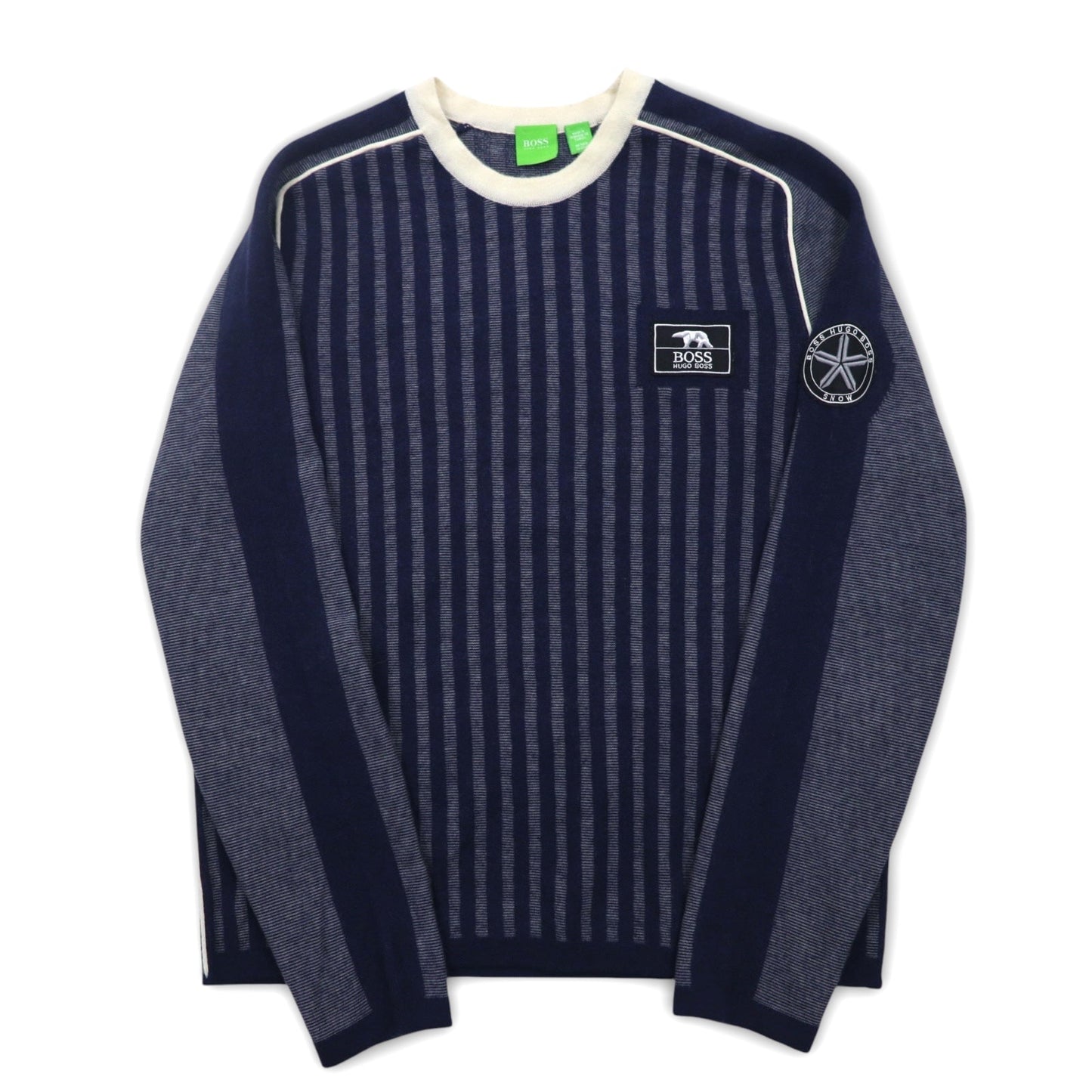 HUGO BOSS ヴァージンウールニット セーター L ネイビー ストライプ 羊毛 ロゴワッペン トルコ製