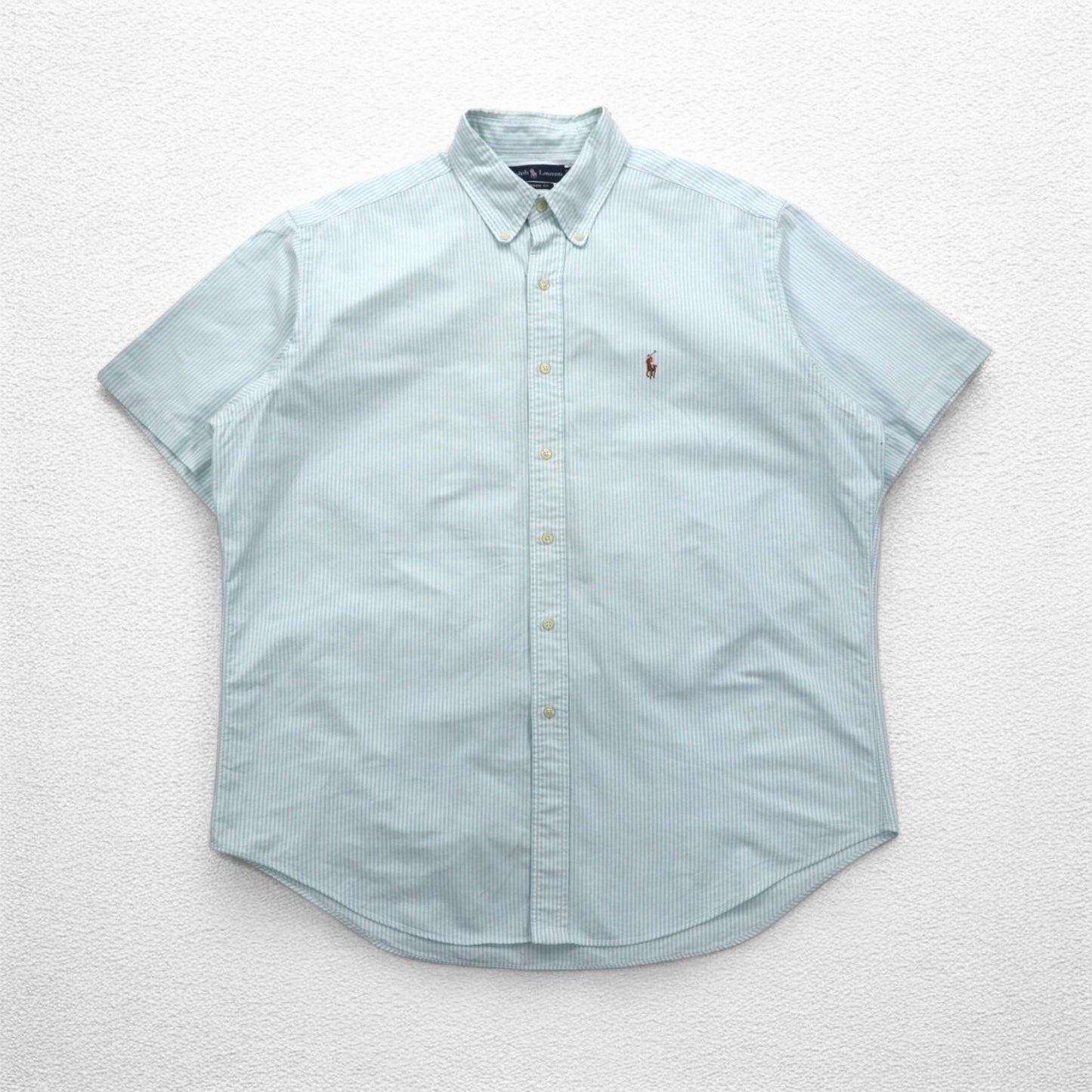 Ralph Lauren 90年代 クラシックフィット 半袖 オックスフォード ボタンダウンシャツ XL ホワイト ブルー ストライプ スモールポニー刺繍
