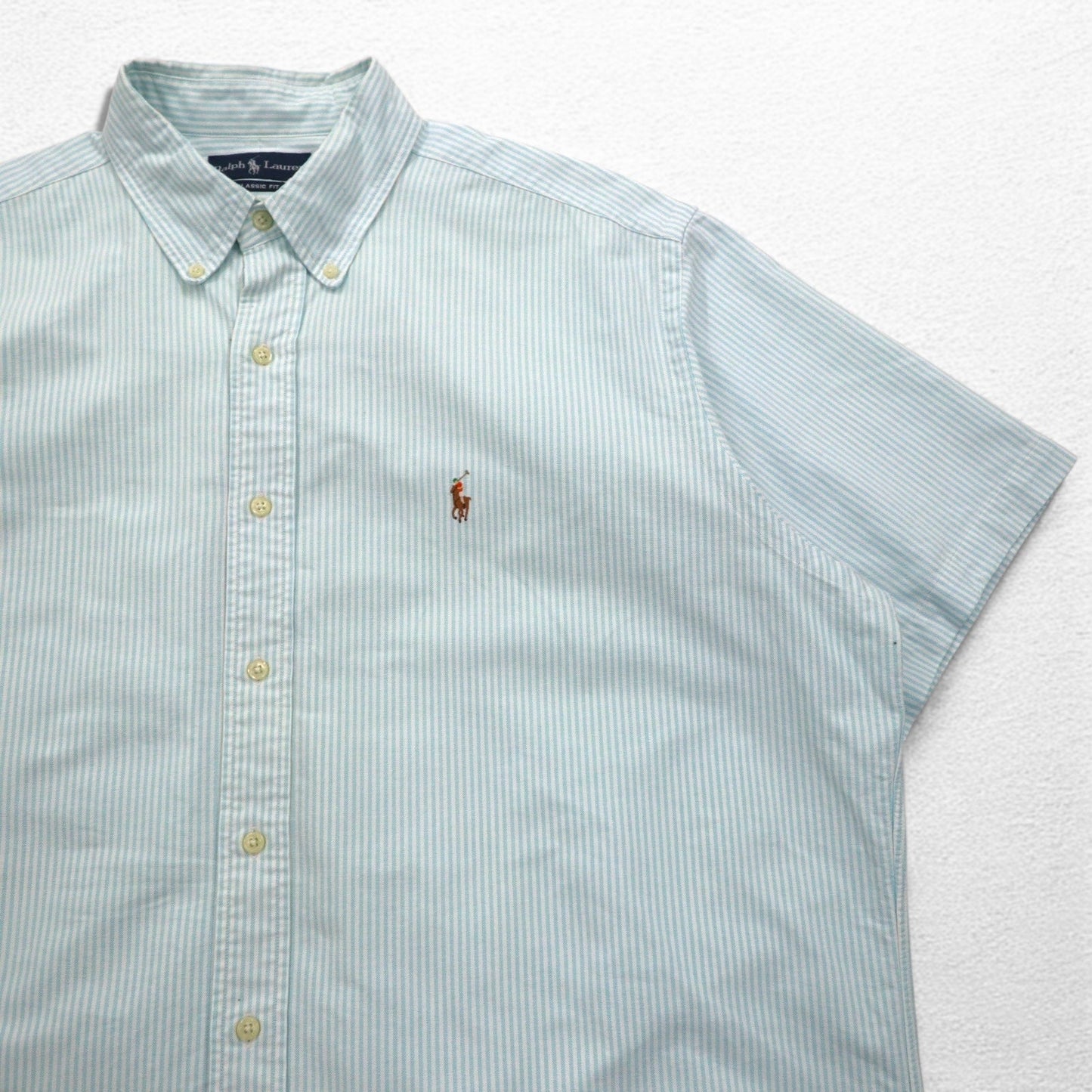 Ralph Lauren 90年代 クラシックフィット 半袖 オックスフォード ボタンダウンシャツ XL ホワイト ブルー ストライプ スモールポニー刺繍