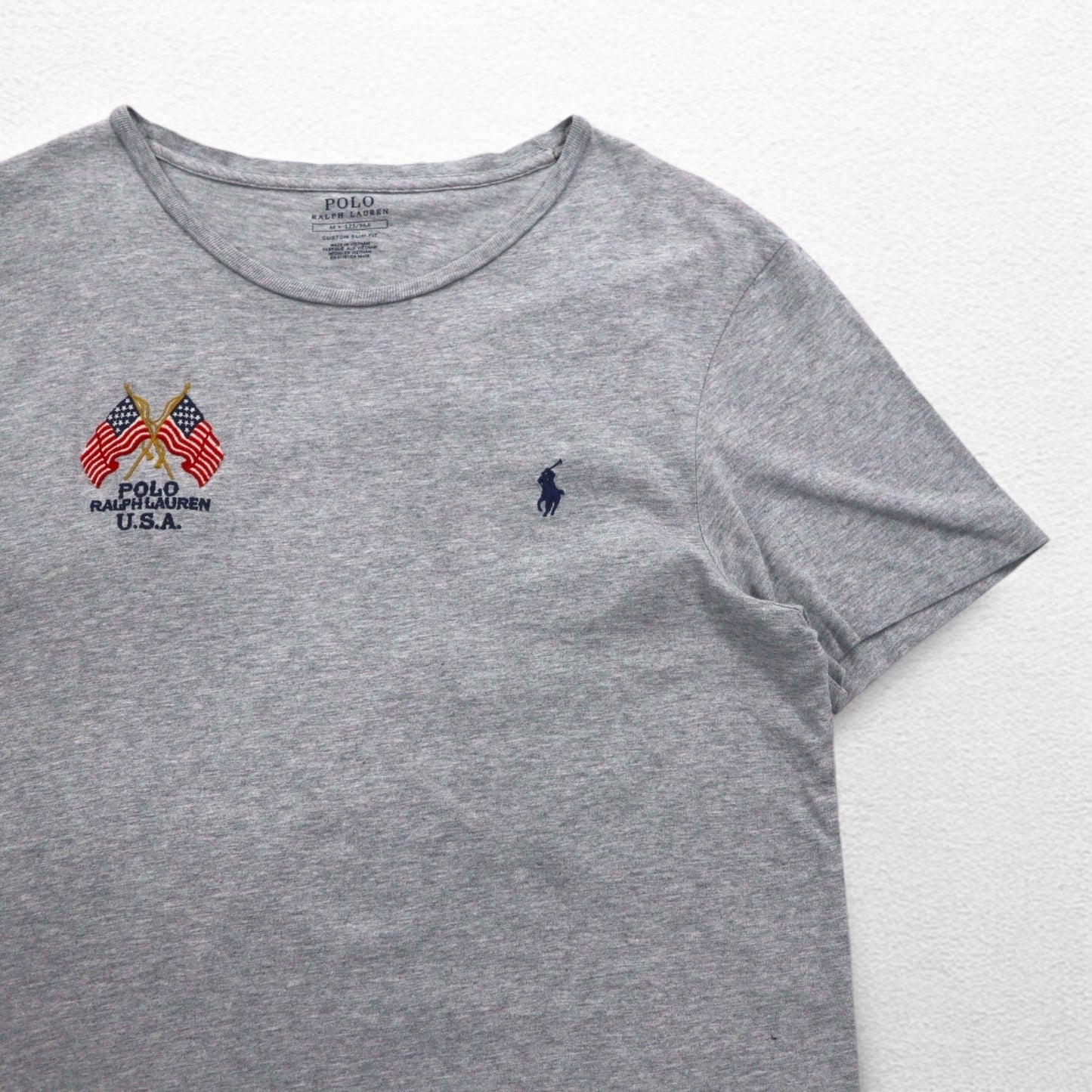 POLO RALPH LAUREN ロゴ刺繍Tシャツ M グレー コットン 星条旗 USA スモールポニー刺繍