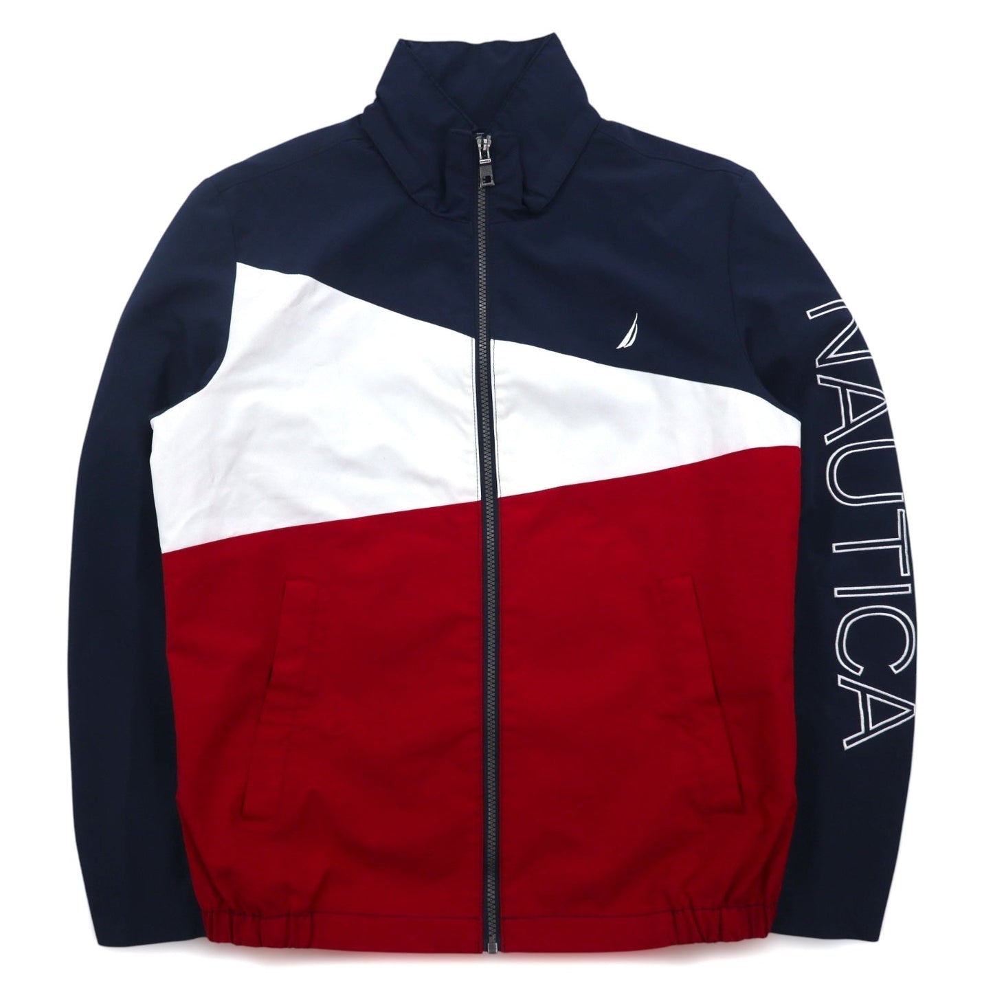 NAUTICA セーリングジャケット ナイロンジャケット M トリコロールカラー ネイビー 袖ロゴ フード収納式