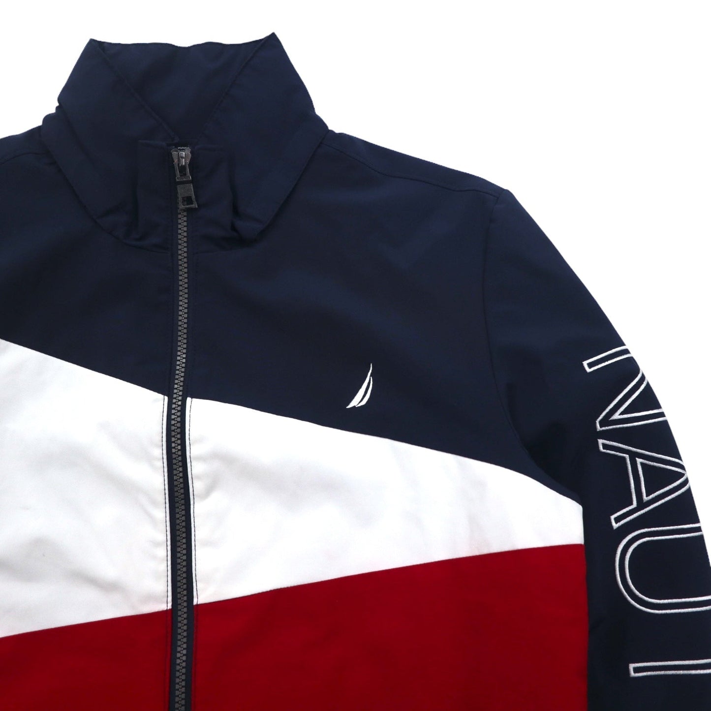 NAUTICA セーリングジャケット ナイロンジャケット M トリコロールカラー ネイビー 袖ロゴ フード収納式