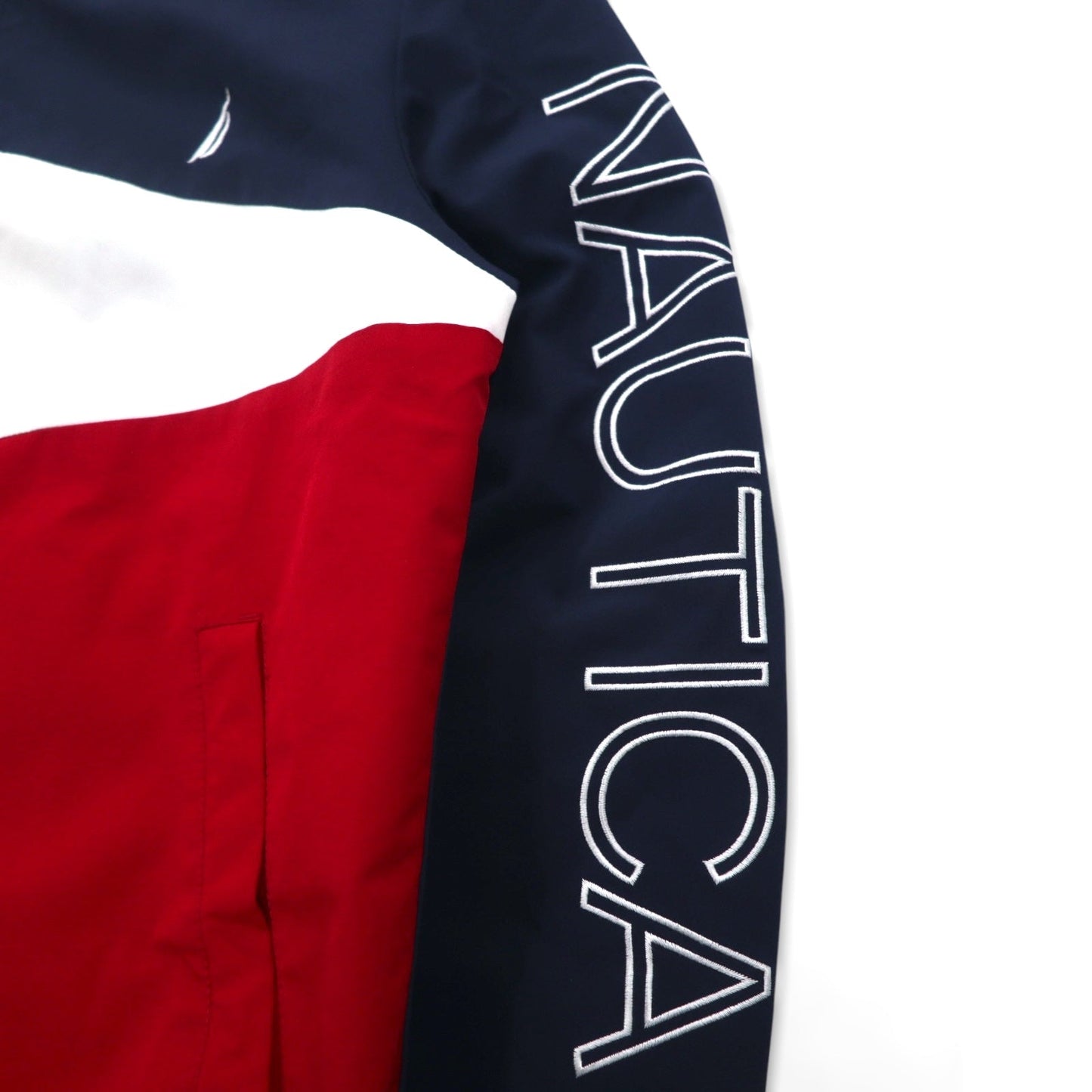 NAUTICA セーリングジャケット ナイロンジャケット M トリコロールカラー ネイビー 袖ロゴ フード収納式