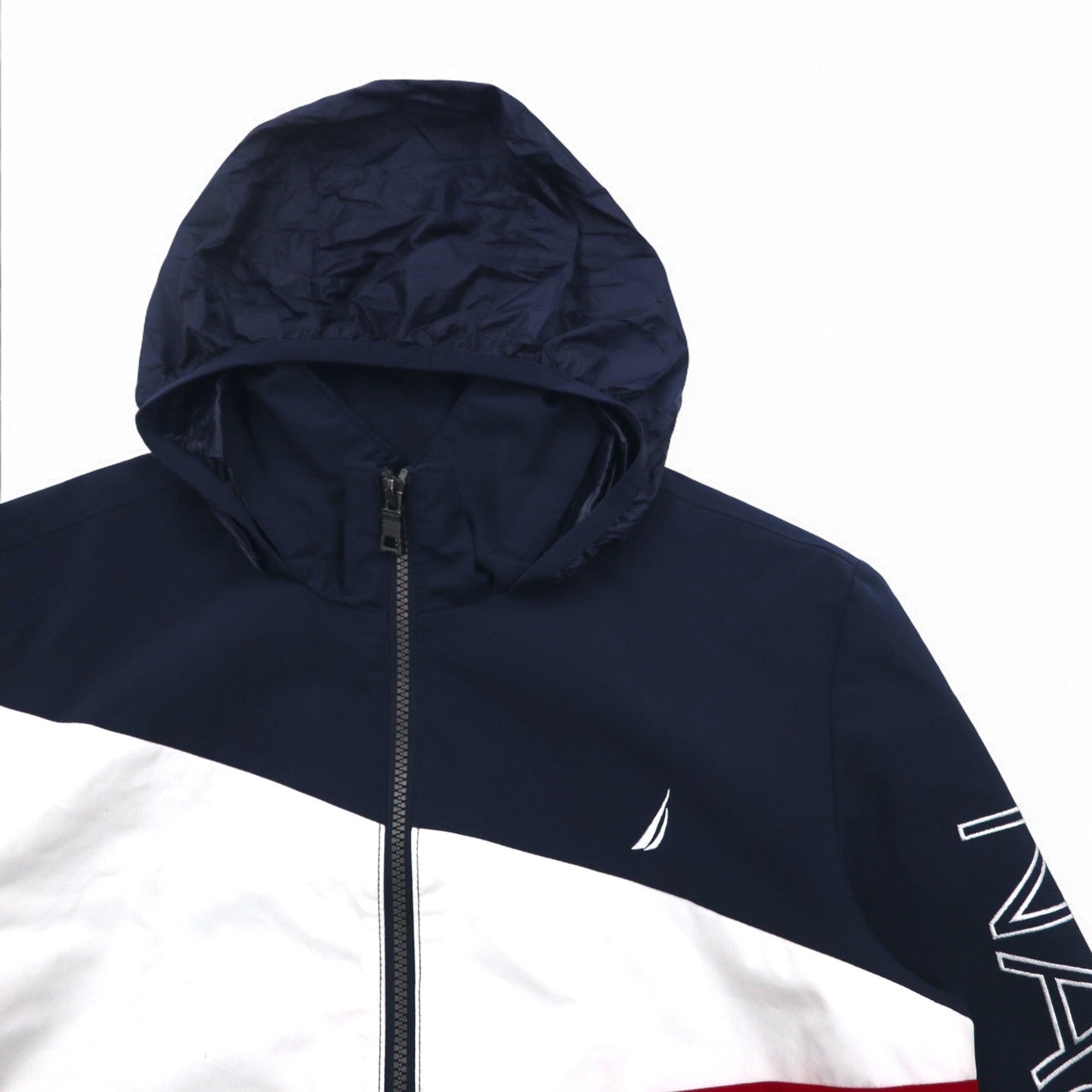 NAUTICA セーリングジャケット ナイロンジャケット M トリコロールカラー ネイビー 袖ロゴ フード収納式