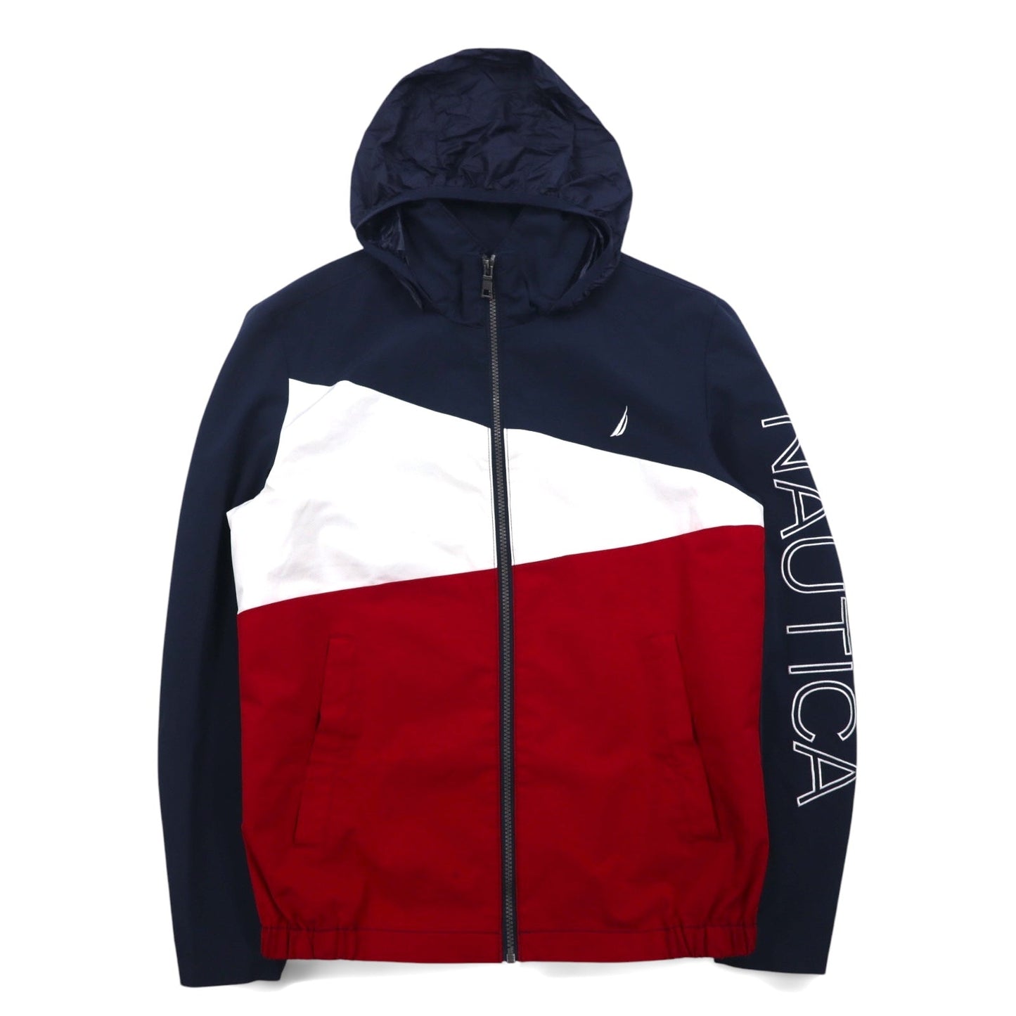 NAUTICA セーリングジャケット ナイロンジャケット M トリコロールカラー ネイビー 袖ロゴ フード収納式