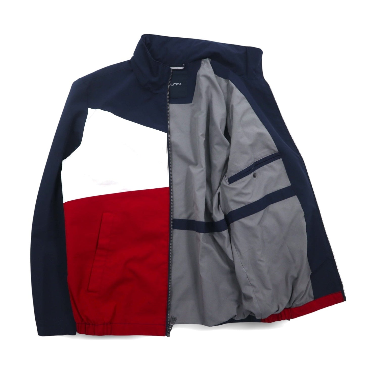 NAUTICA セーリングジャケット ナイロンジャケット M トリコロールカラー ネイビー 袖ロゴ フード収納式