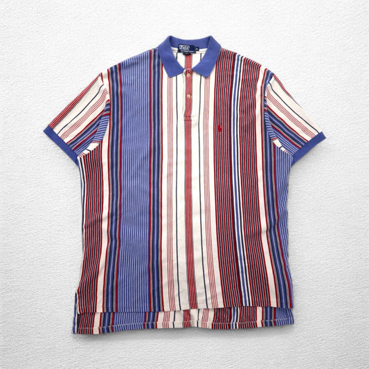 Polo by Ralph Lauren 90年代 USA製 マルチストライプ 鹿の子 ポロシャツ XL ホワイト ブルー レッド スモールポニー刺繍