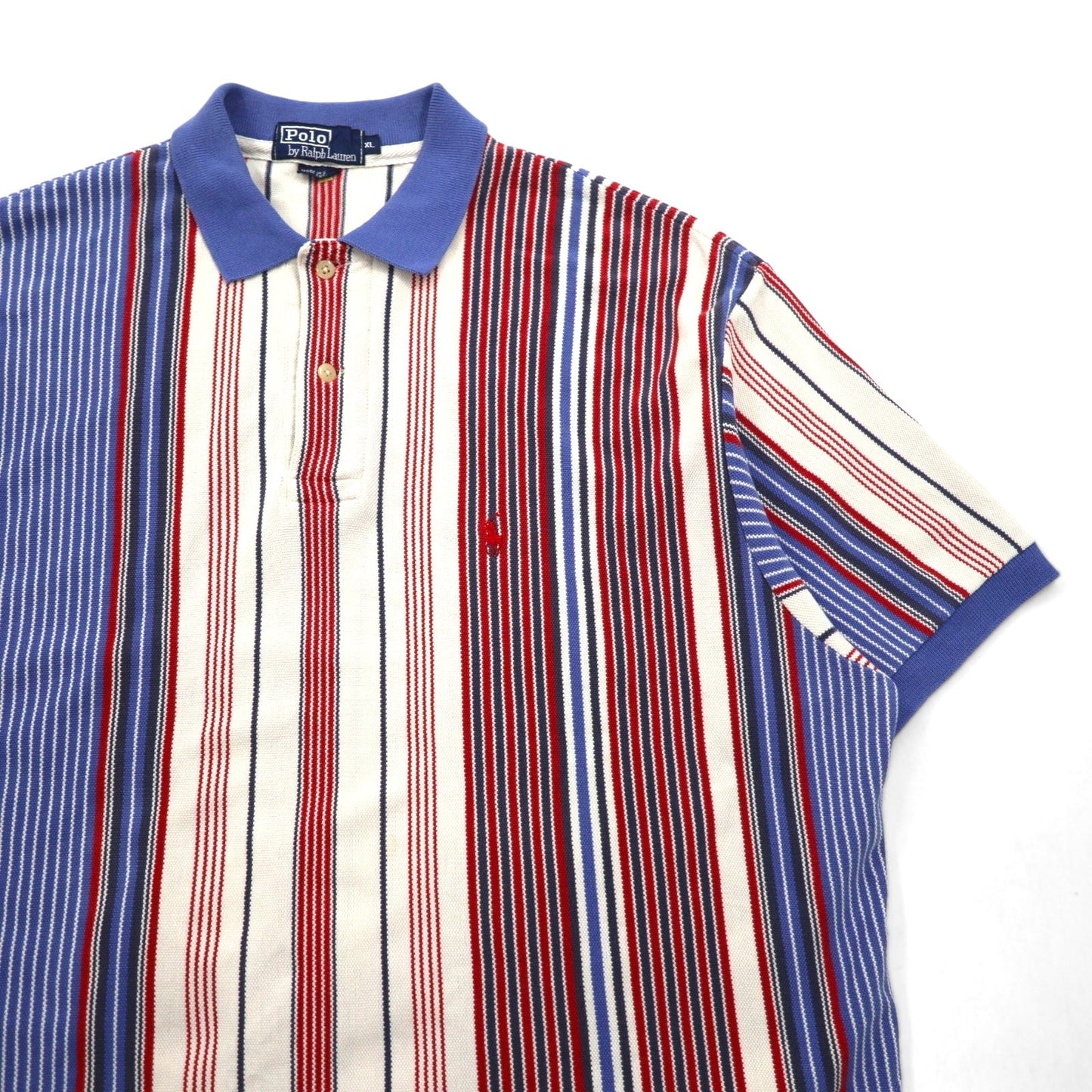 Polo by Ralph Lauren 90年代 USA製 マルチストライプ 鹿の子 ポロシャツ XL ホワイト ブルー レッド スモールポニー刺繍
