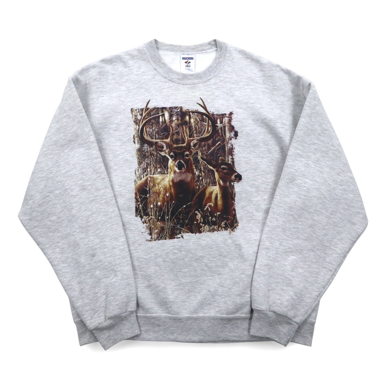 JERZEES スウェット L グレー アニマル プリント 鹿 コットン ポリエステル 裏起毛
