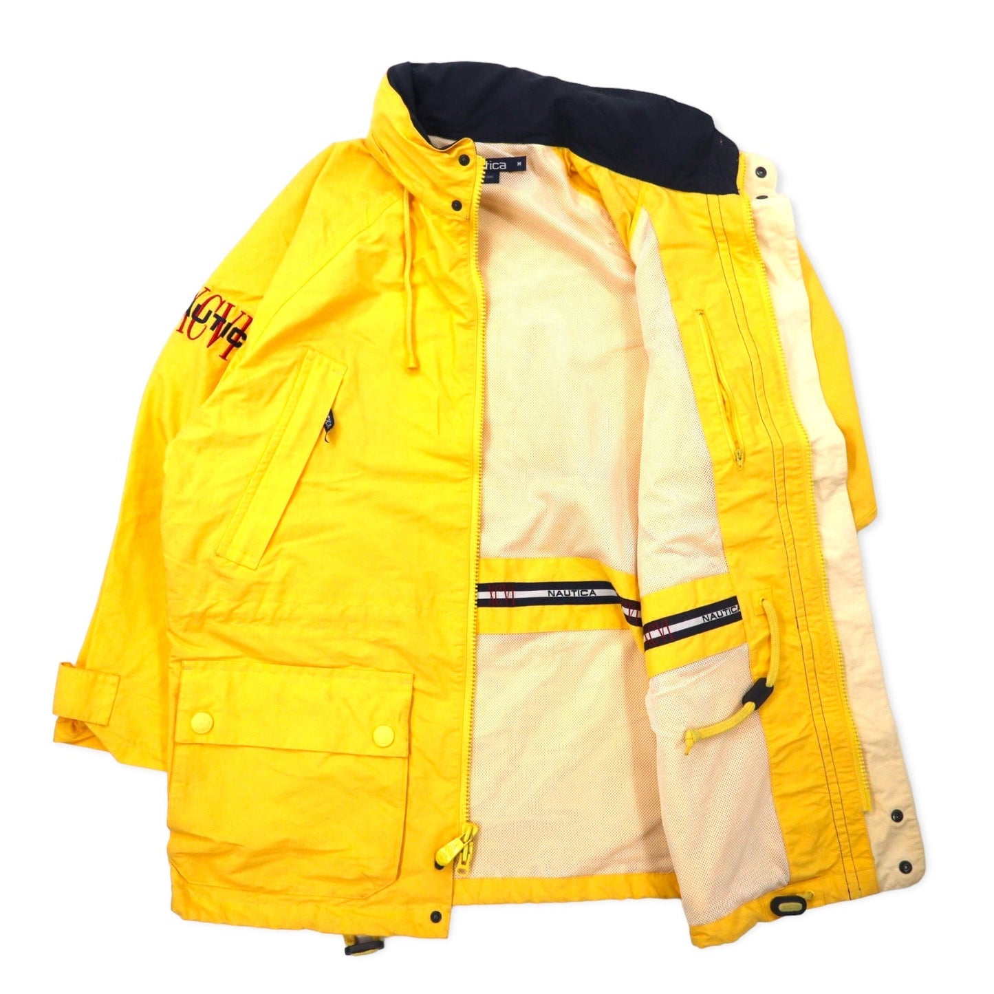 nautica 90年代 セーリングジャケット M イエロー コットン ナイロン フード収納式 ドローコード