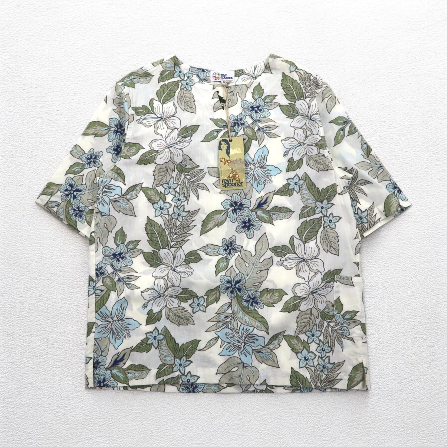 reyn spooner プルオーバー アロハシャツ S ベージュ コットン 総柄 ハイビスカス 未使用品
