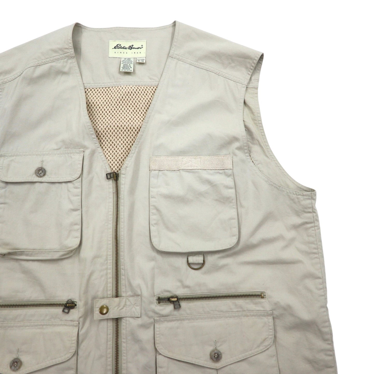 Eddie Bauer 90年代 フィッシングベスト XL ベージュ コットン メッシュ切り替え ドローコード