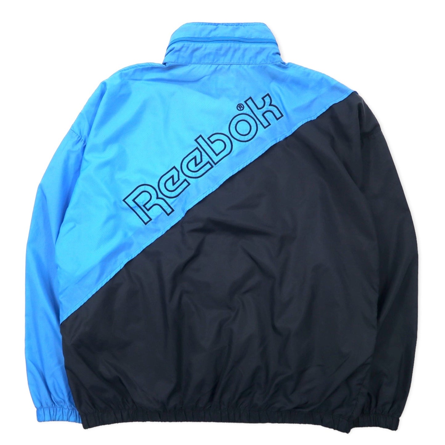 Reebok SPORT 90年代 ナイロンジャケット M ブルー ブラック フード収納式 バックロゴ刺繍