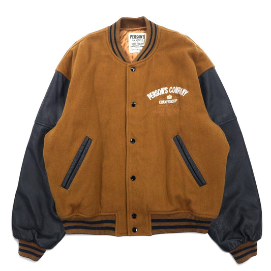 PERSON'S 90年代 袖レザー スタジャン L ブラウン ウール 牛革 キルティングライナー ロゴ 刺繍