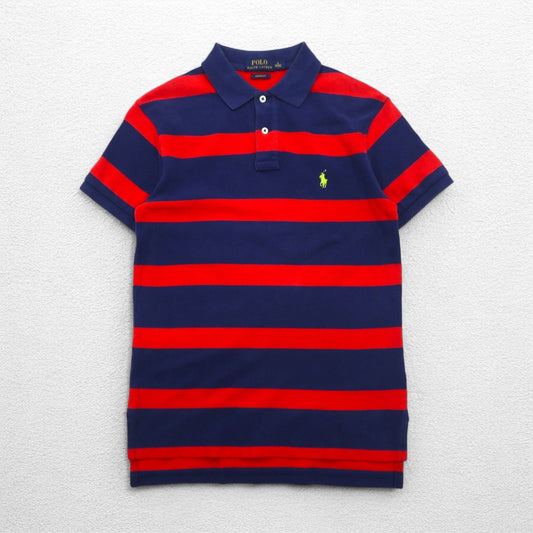 POLO RALPH LAUREN ボーダー ポロシャツ S ネイビー レッド 鹿の子 CUSTOM FIT スモールポニー刺繍
