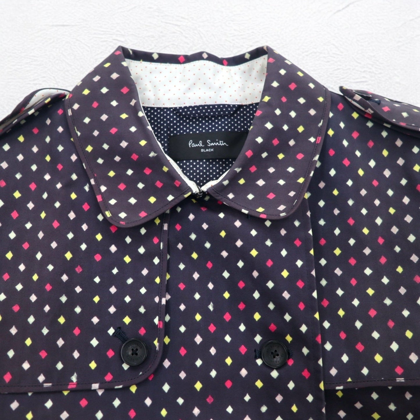Paul Smith BLACK ゴム引き トレンチコート L ネイビー 総柄 ドット ダブルブレスト ベルト付き 防水