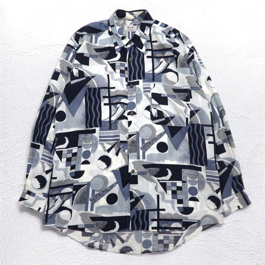 Vintage 90s Japan Made Rayon Shirt a+v ABBRE VIATE 90年代 総柄シャツ FREE グレー 幾何学 レーヨン 日本製