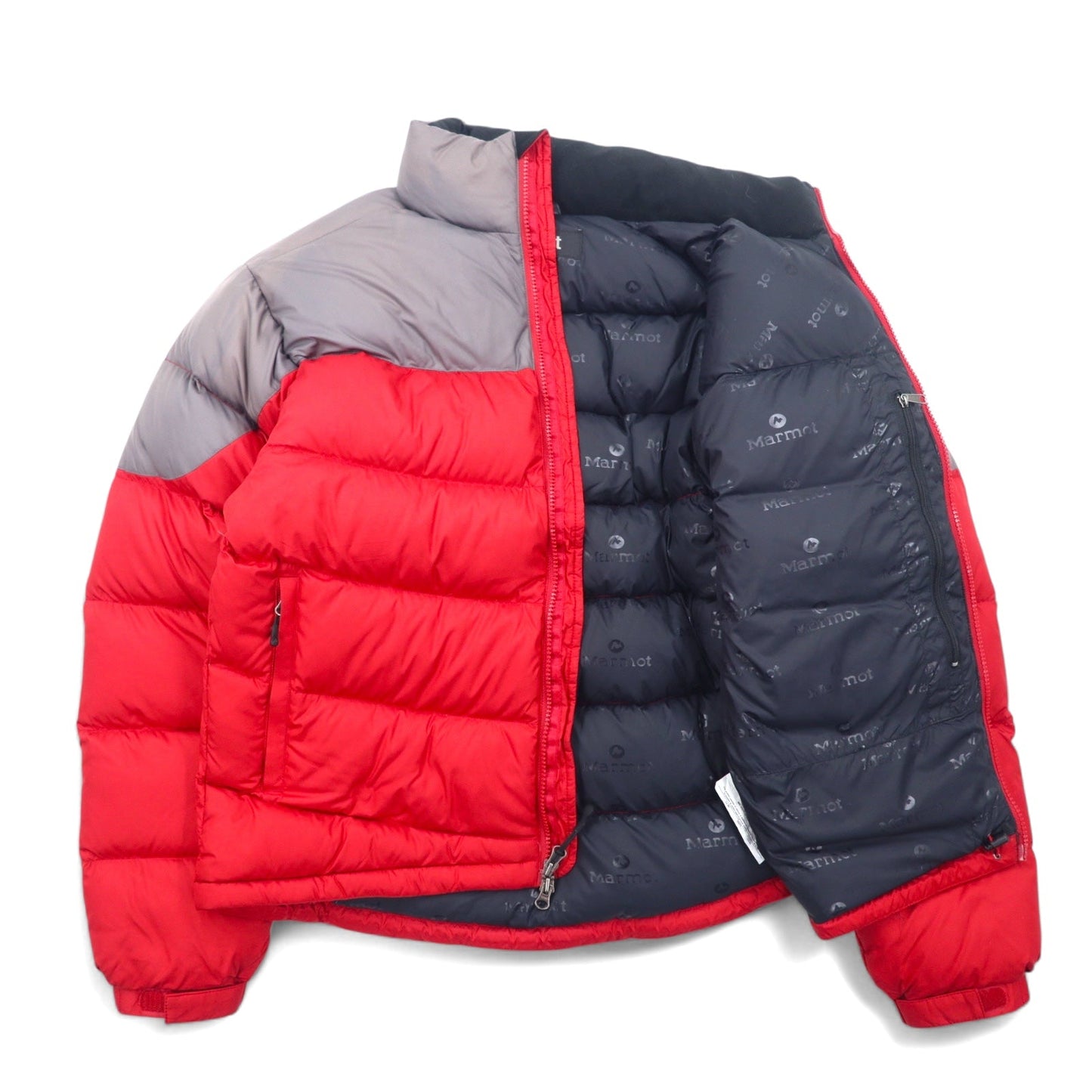 Marmot バイカラー ダウンジャケット S レッド ポリエステル ロゴ刺繍 ダブルジップ ドローコード