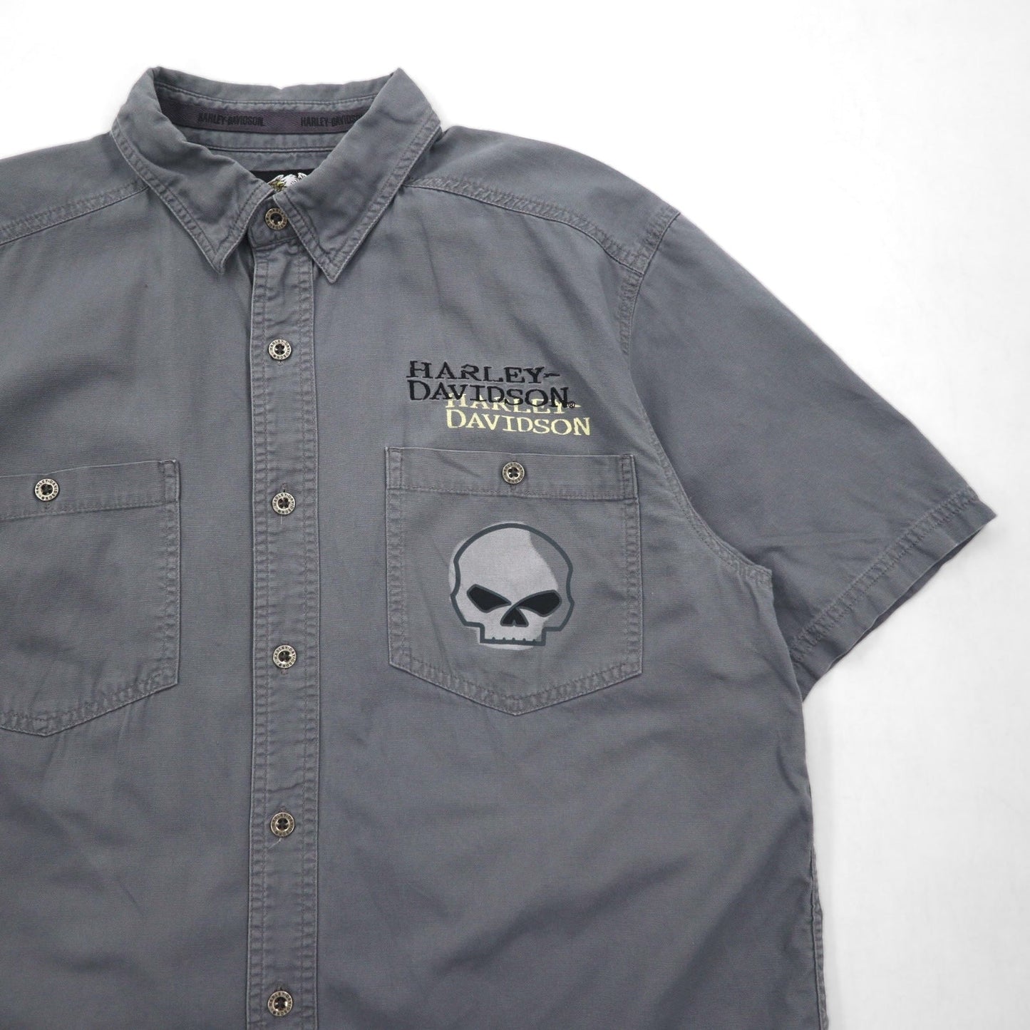 HARLEY DAVIDSON スカルプリント 半袖 ワークシャツ L グレー バックプリント ダブルポケット