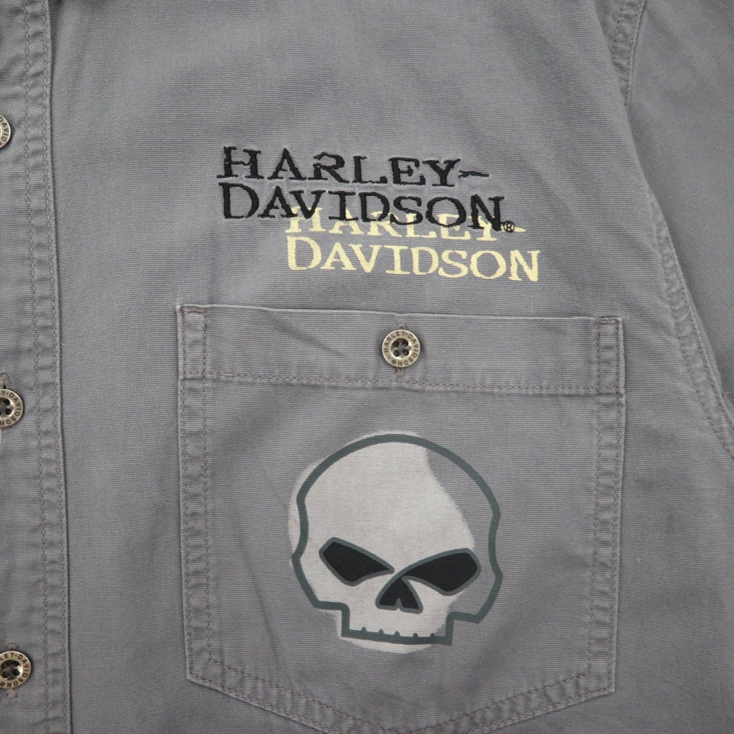 HARLEY DAVIDSON スカルプリント 半袖 ワークシャツ L グレー バックプリント ダブルポケット