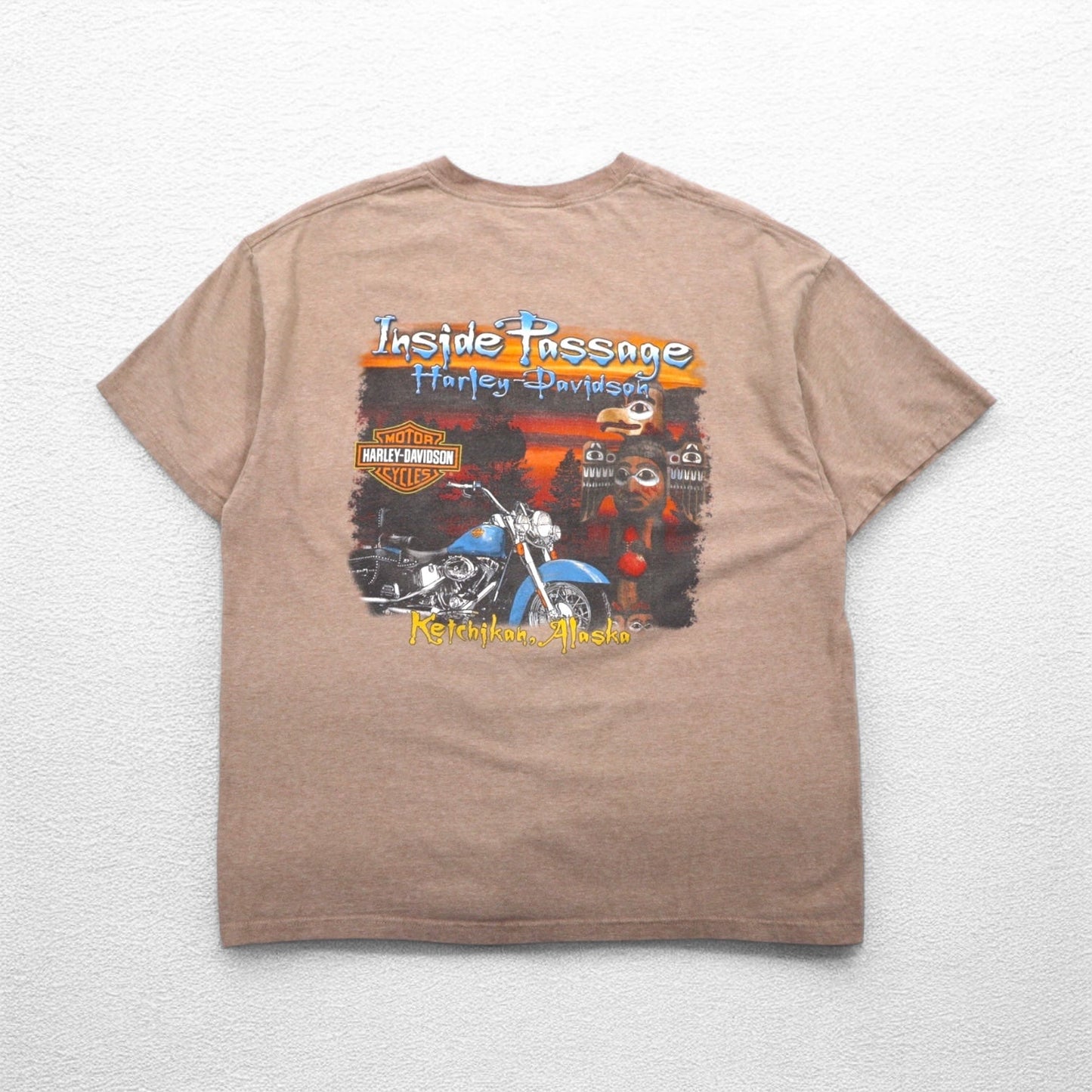 HARLEY DAVIDSON USA製 Hanes BEEFY-T プリント Tシャツ XL ベージュ コットン ALASKA