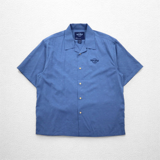 Hard Rock CAFE 半袖 オープンカラーシャツ 開襟 アロハシャツ XL ネイビー レーヨン 刺繍 ギターモチーフ 刺子