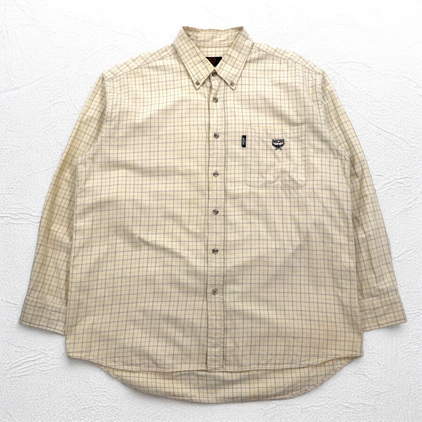 MCM ボタンダウンシャツ XL ベージュ チェック コットン 胸ポケット ワンポイントロゴ刺繍