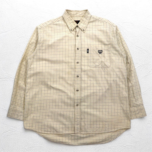 MCM ボタンダウンシャツ XL ベージュ チェック コットン 胸ポケット ワンポイントロゴ刺繍