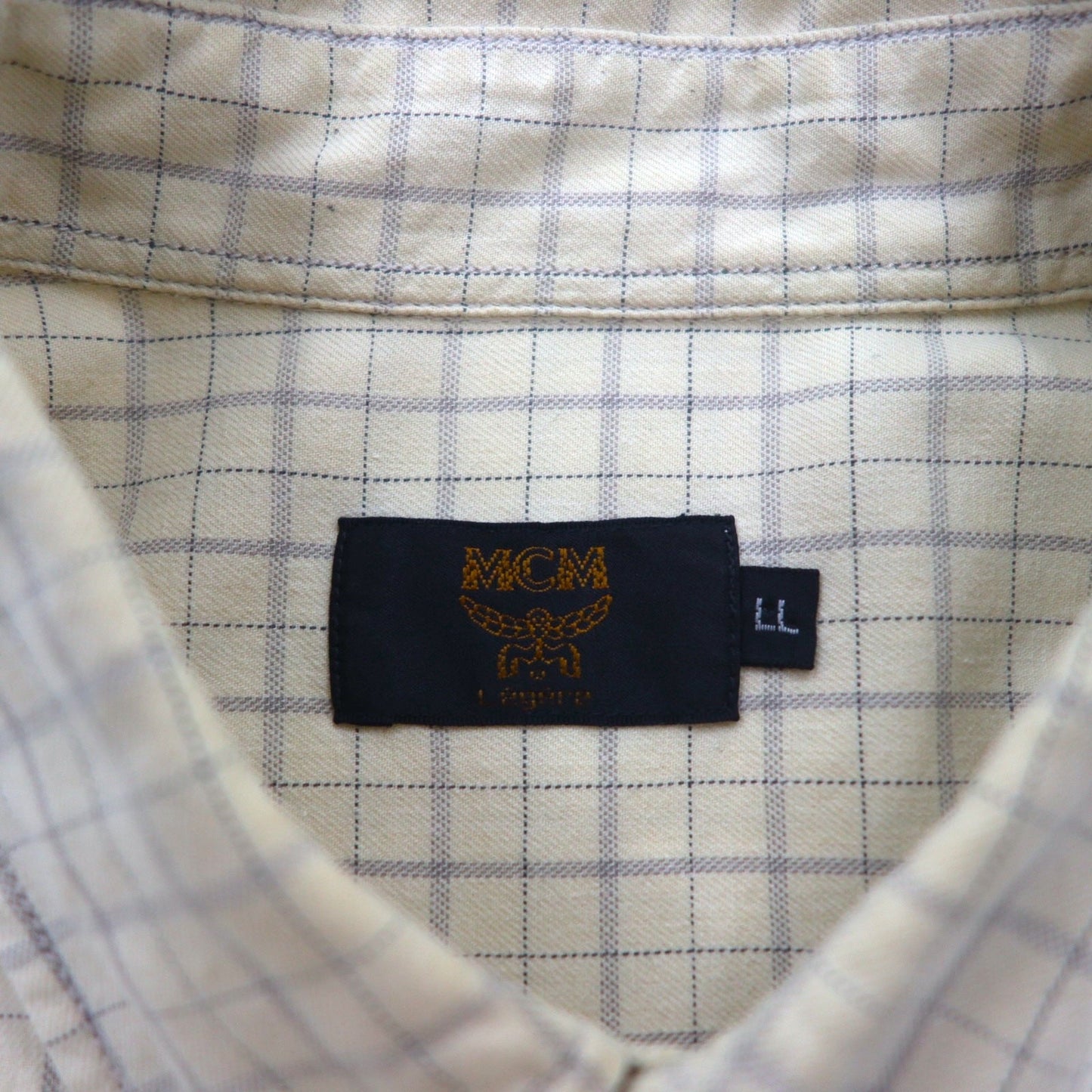 MCM ボタンダウンシャツ XL ベージュ チェック コットン 胸ポケット ワンポイントロゴ刺繍