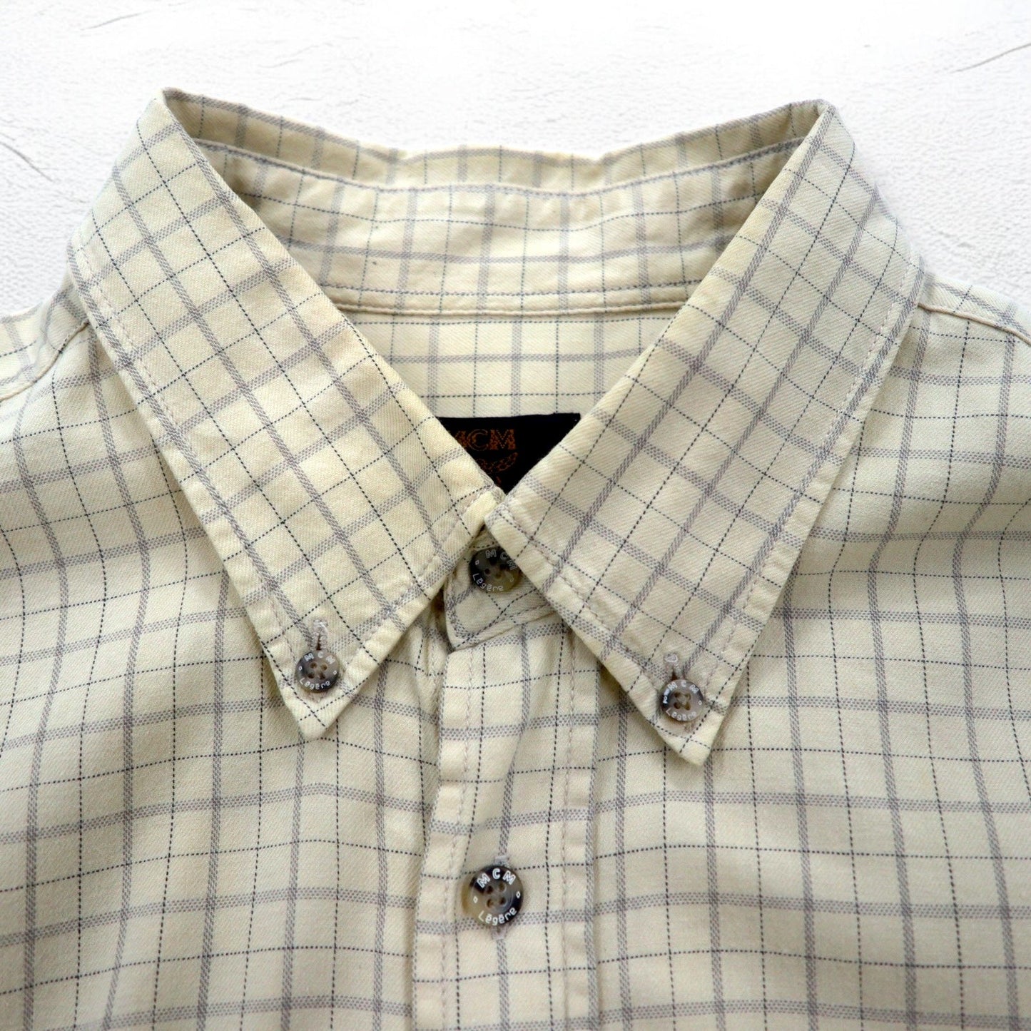 MCM ボタンダウンシャツ XL ベージュ チェック コットン 胸ポケット ワンポイントロゴ刺繍